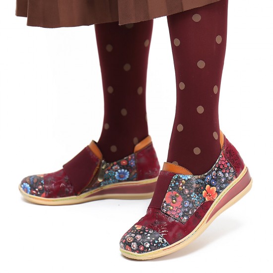 Retro Splicing Small Flowers Genuine Leather Flat Zipper Shoes Retro Splicing Small Flowers Genuine Leather Flat Zipper Shoes