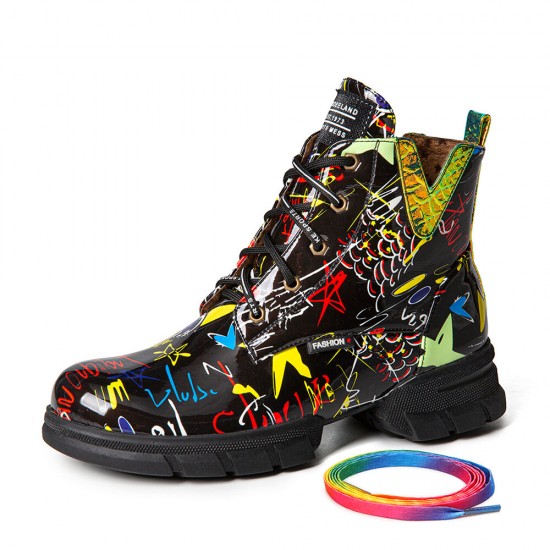 Women Casual Graffiti Stytish Lace Up Thick Bottom Short-Calf Combat Boots Women Casual Graffiti Stytish Lace Up Thick Bottom Short-Calf Combat Boots