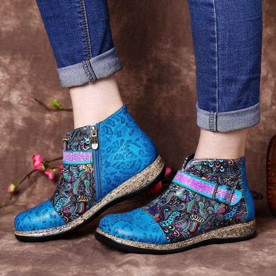 Folkways Pattern Genuine Leather Splicing Comfy Flat Ankle Boots Folkways Pattern Genuine Leather Splicing Comfy Flat Ankle Boots