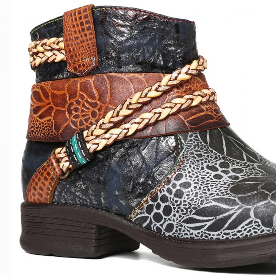 Printed Outdoor Woven Rope Splicing Side-zip Round Toe Block Heel Ankle Boots Printed Outdoor Woven Rope Splicing Side-zip Round Toe Block Heel Ankle Boots