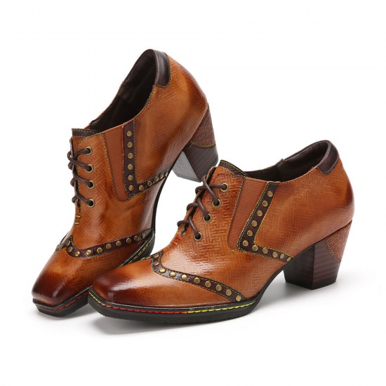 Genuine Leather Comfy Lace-up Retro Square Toe Oxfords Heels Genuine Leather Comfy Lace-up Retro Square Toe Oxfords Heels