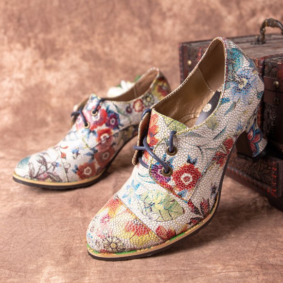 Fresh Natural Flowers Leaves Printed Comfy Wearable Chunky Heel Women Casual Lace Up Pumps Fresh Natural Flowers Leaves Printed Comfy Wearable Chunky Heel Women Casual Lace Up Pumps