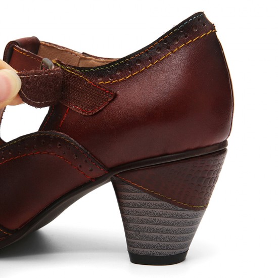 Genuine Leather Hook & Loop Comfy Retro Brown T-strap Heels Genuine Leather Hook & Loop Comfy Retro Brown T-strap Heels