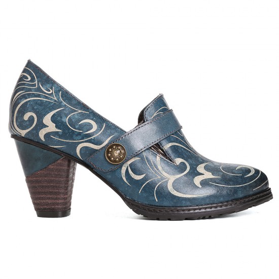 Retro Genuine Leather Vine Pattern Solid Color Elegant Hook Loop Pumps Retro Genuine Leather Vine Pattern Solid Color Elegant Hook Loop Pumps