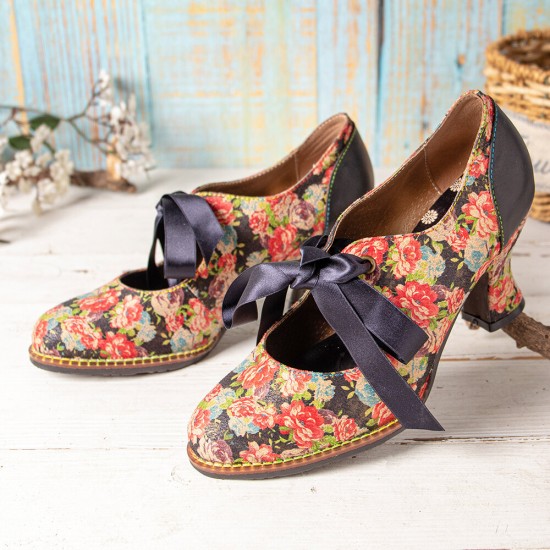 Women Elegant Graceful Little Flowers Printed Comfy Wearable Lace Up Stitching Chunky Heel Pumps Women Elegant Graceful Little Flowers Printed Comfy Wearable Lace Up Stitching Chunky Heel Pumps